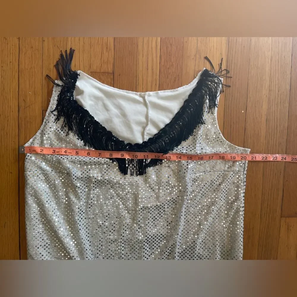 90s Vintage Silver Mirror Sequin Mini Dress with Black Fringe - Picture 3 of 6